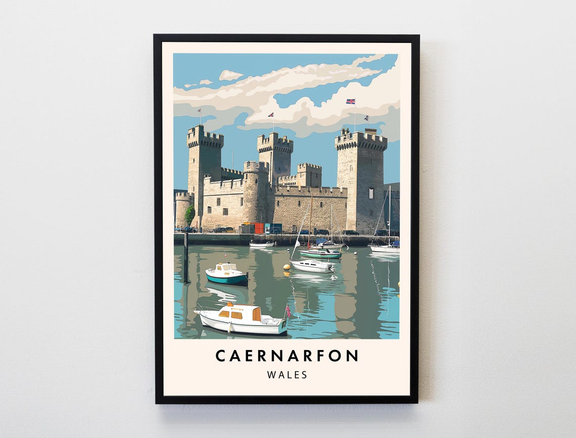 Caernarfon Wales Medieval Castle Harbor Boats Vintage Travel Poster