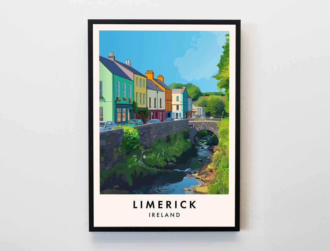 Limerick Ireland Colorful Row Houses Stone Bridge River Art Poster