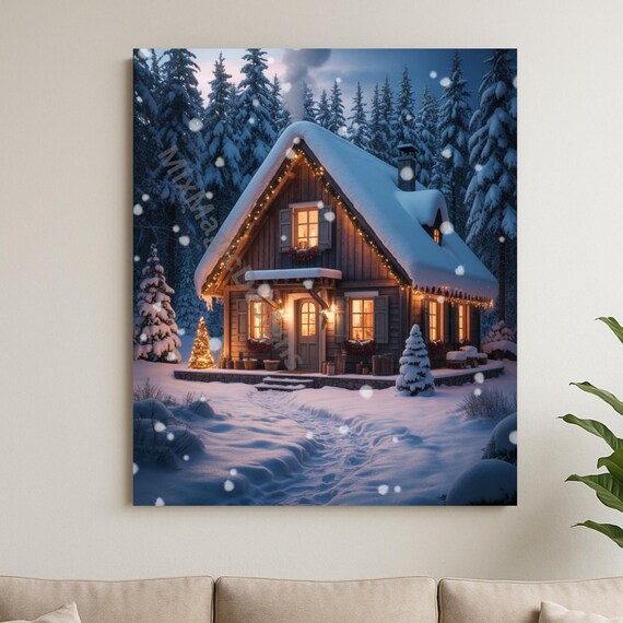 Snowy Christmas Cabin in the Woods Cozy Winter Evening Poster