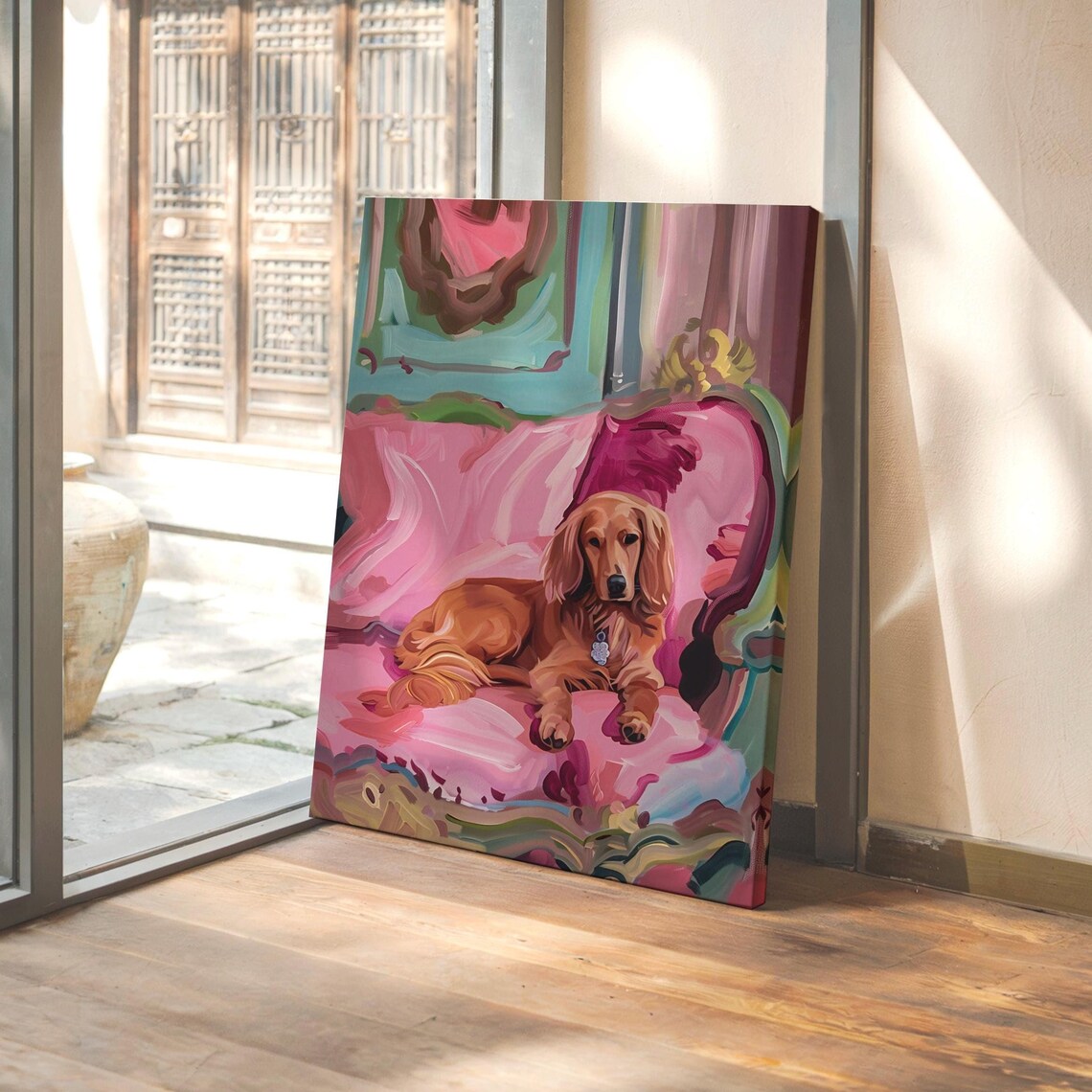 Golden Retriever Resting on a Pink Velvet Armchair Portrait Poster