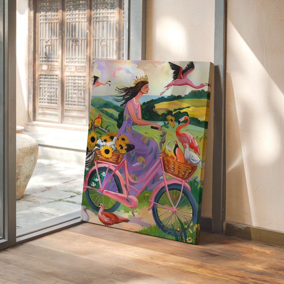 Crowned Woman Riding a Pink Bicycle Past Flamingos and Birds Poster