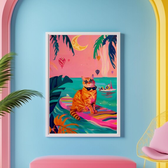 Cool Tabby Cat in Sunglasses Relaxing at a Tropical Beach Art Poster