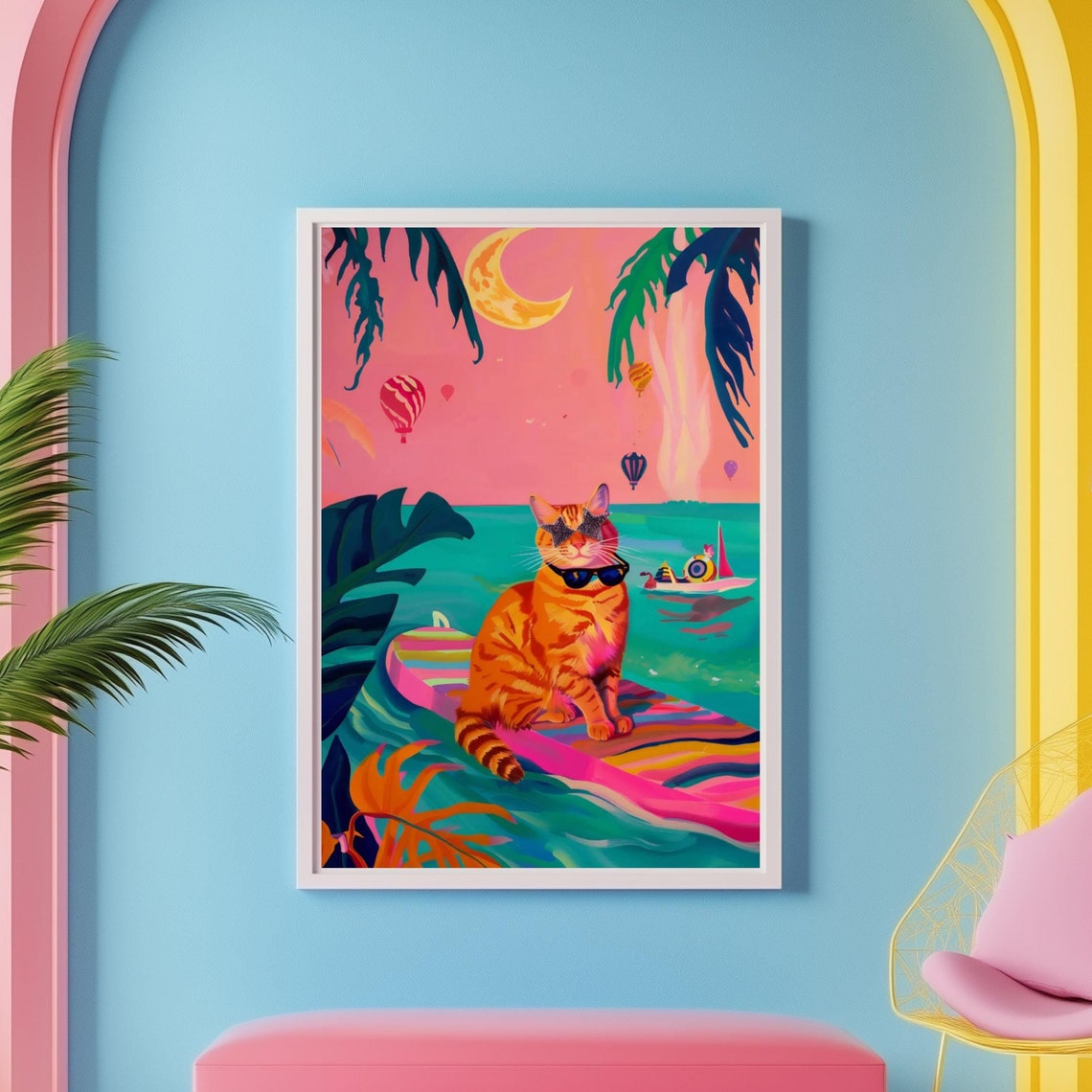 Cool Tabby Cat in Sunglasses Relaxing at a Tropical Beach Art Poster