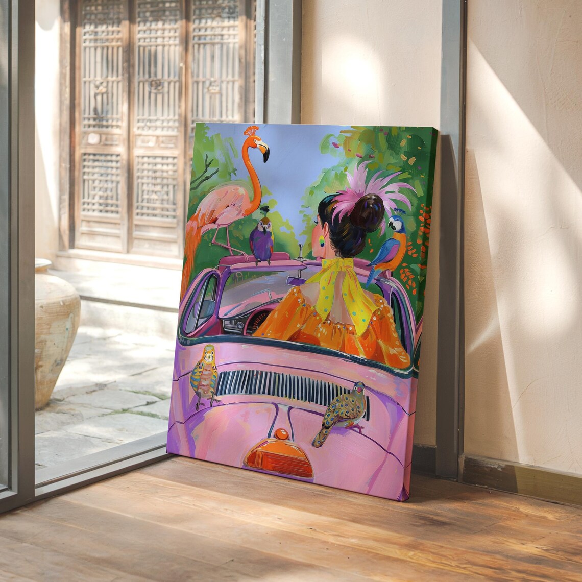 Lady Driving a Pink Convertible with Her Flamingo Co-Pilot Poster