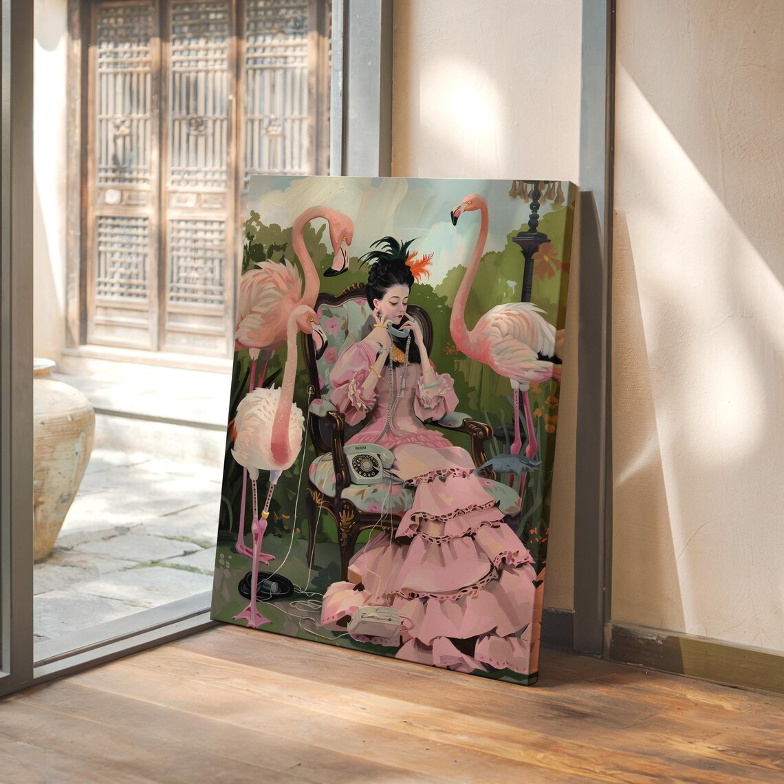 Lady Chatting on Vintage Phone Surrounded by Flamingos Poster