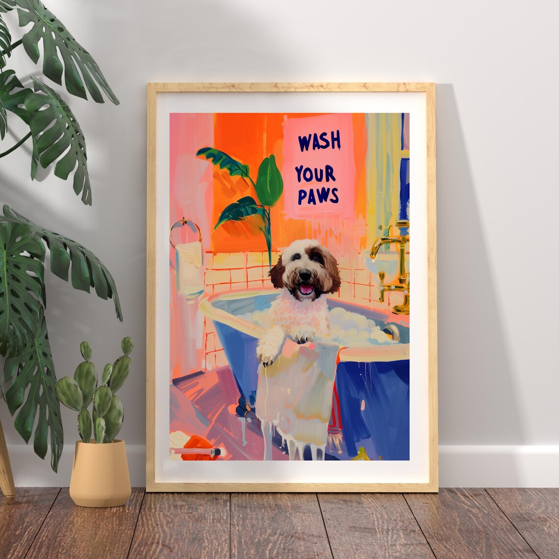Funny Dog in Bathroom Art Print, Maximalist Decor