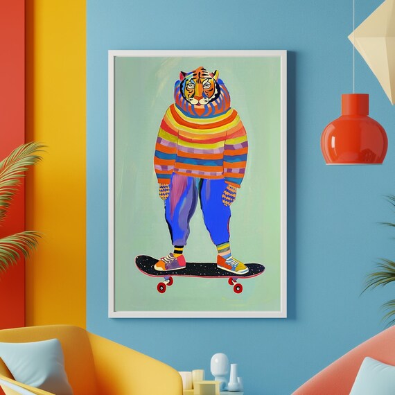 Skateboarding Tiger in Rainbow Sweater Whimsical Animal Poster