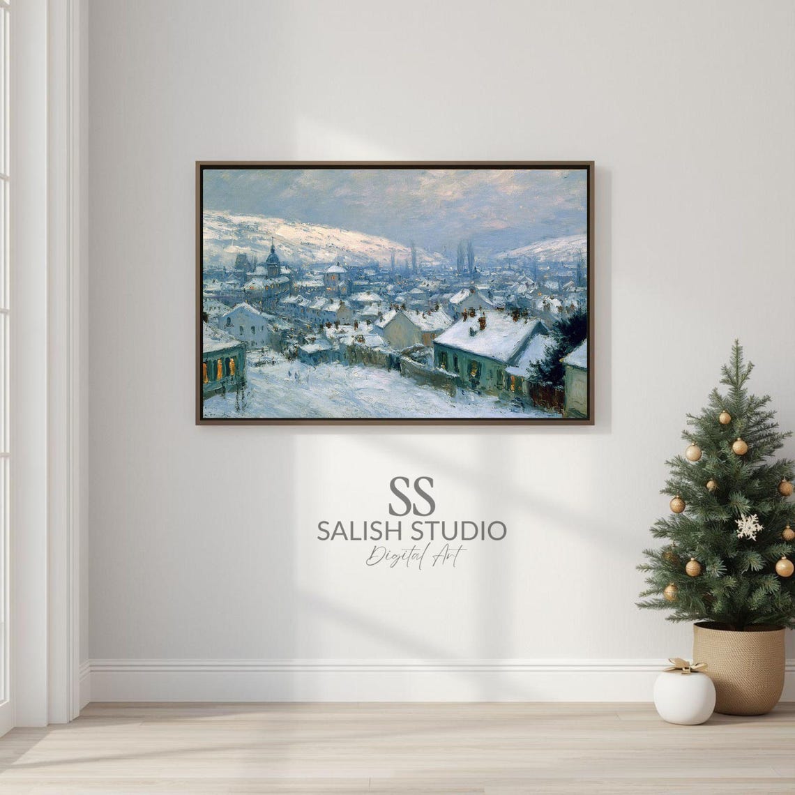 Winter Village Landscape Vintage Snow Rooftop Moody Town Poster