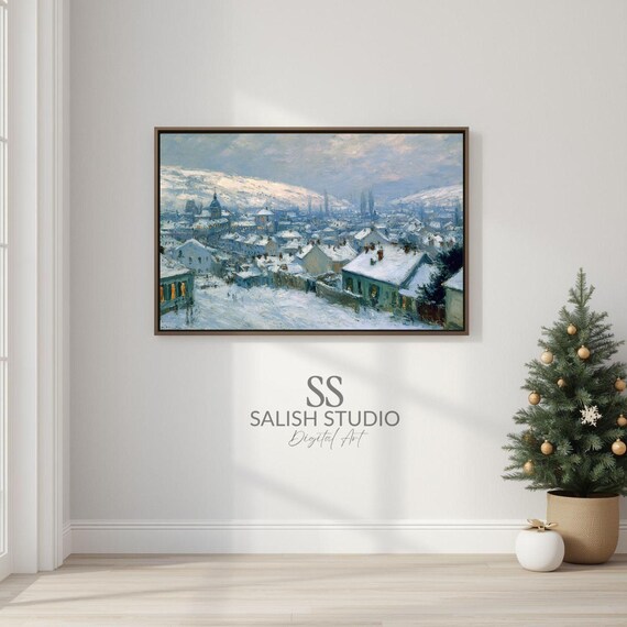 Winter Village Landscape Vintage Snow Rooftop Moody Town Poster