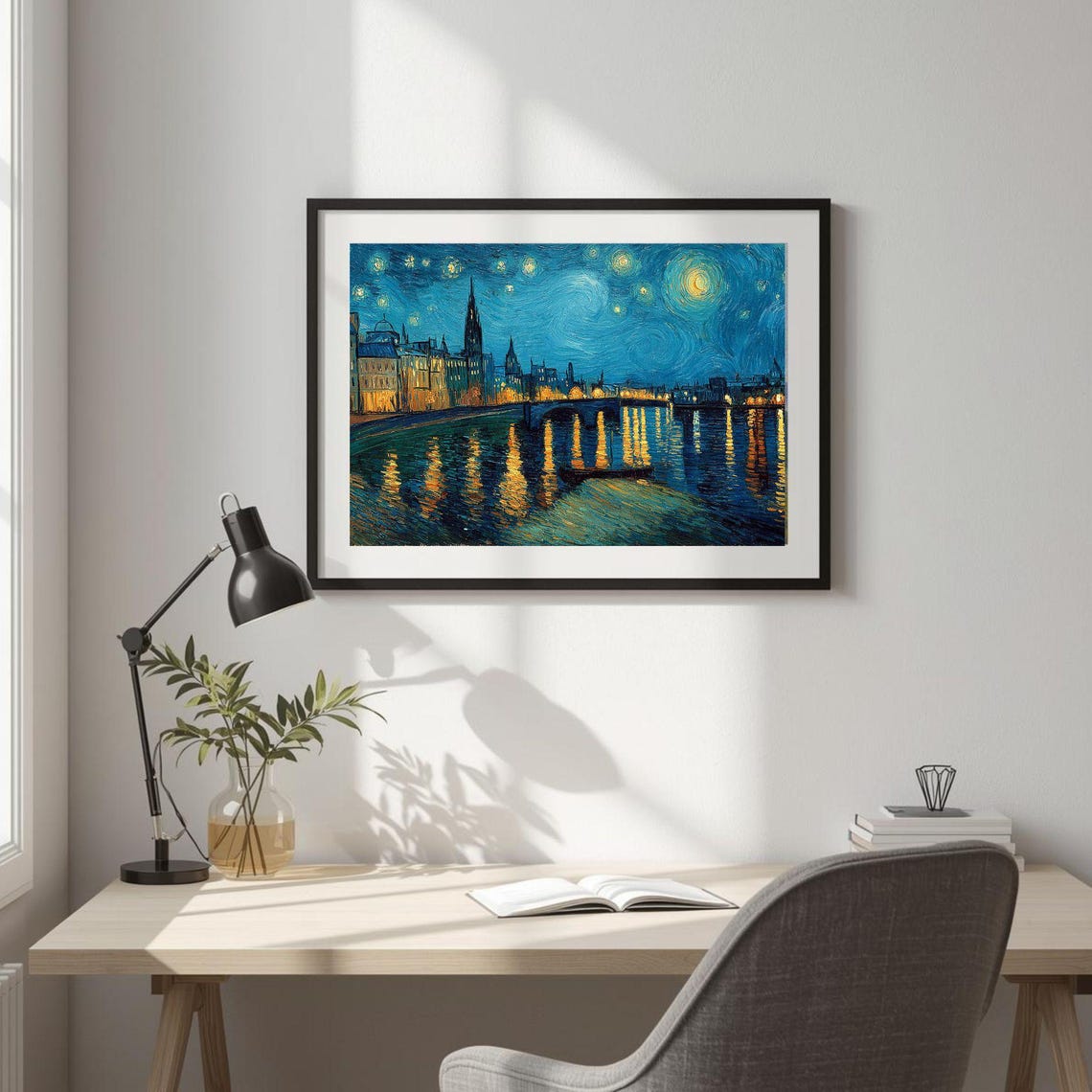 Starry Night City Skyline River Lights Impressionist Oil Art Print
