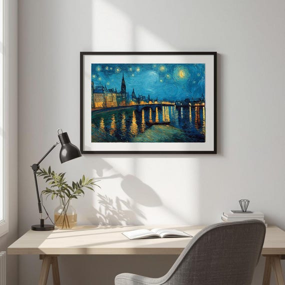 Moody Nyc Skyline Print Painterly Urban Night Art