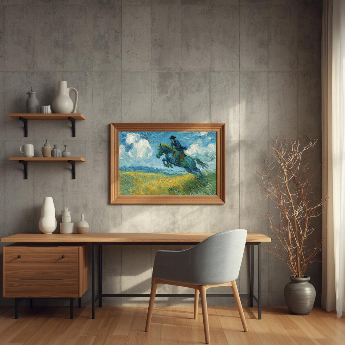 Van Gogh Style Horse Jumping Rider Golden Wheat Field Equestrian Poster