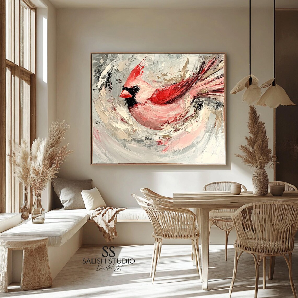Red Cardinal Bird Painting Soft Winter Impasto Rustic Farmhouse Art Poster
