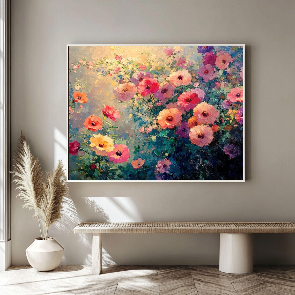 Impressionistic Blooming Garden Flower Painting Romantic Floral Home Wall Art