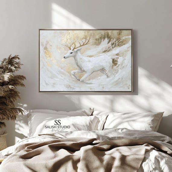 Golden Antlered Stag In Flight Elegant Winter Fantasy Wall Art Neutral Deer Print Magical Painting Decor 457