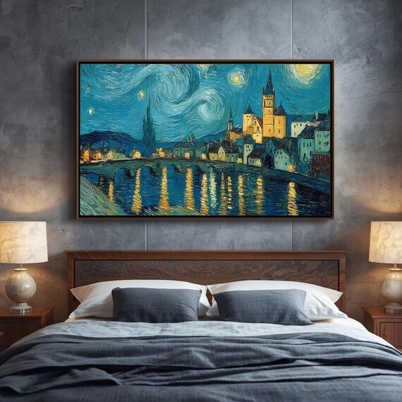 Starry Night Cityscape Print Luminous River Impressionist Art