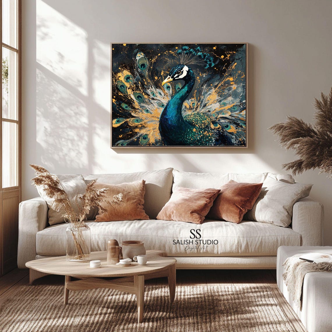 Elegant Emerald Peacock Golden Tail Feathers Moody Art Poster