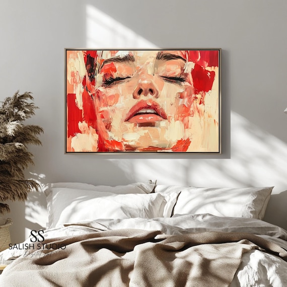 Serene Woman Eyes Closed Abstract Red Oil Painting Modern Poster