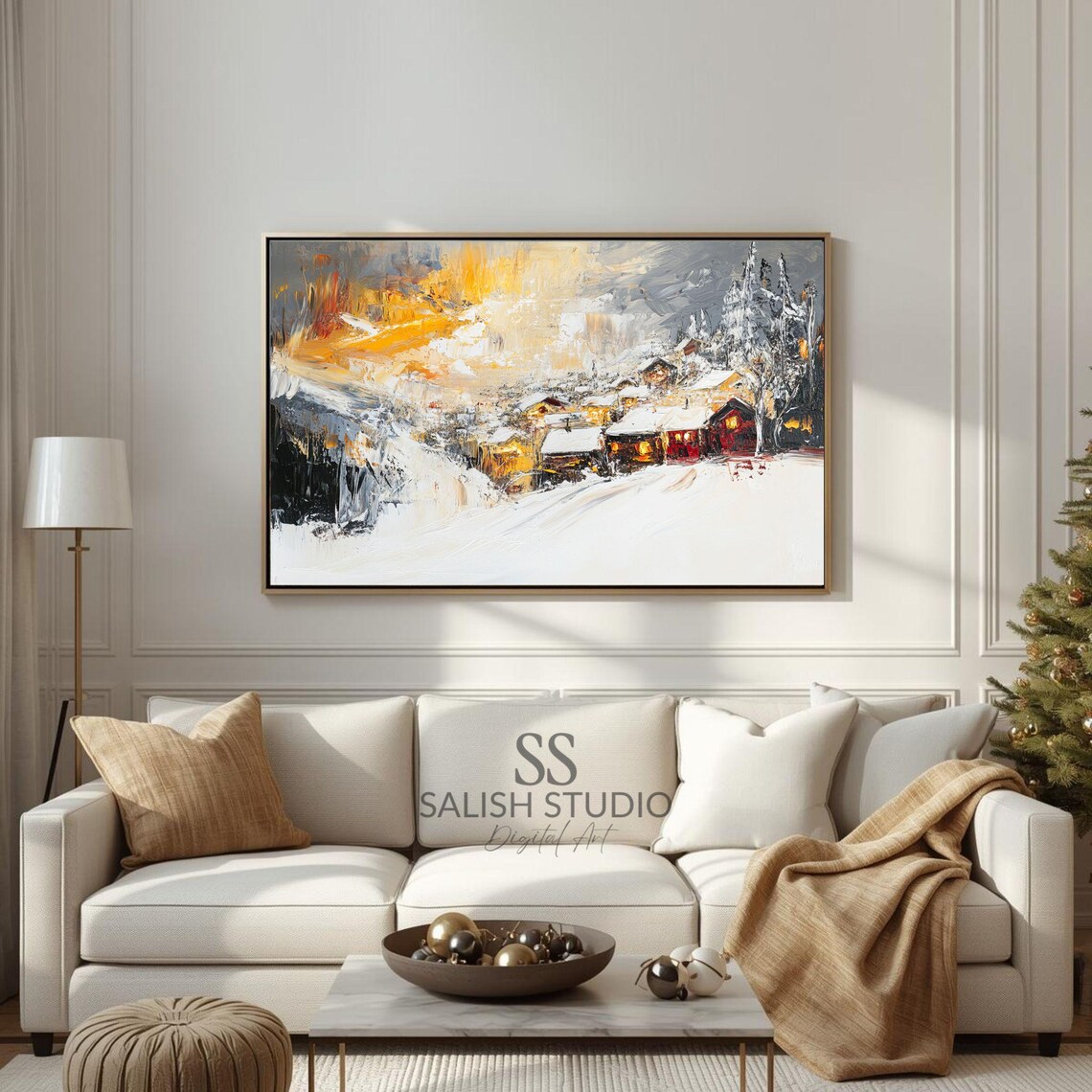 Snowy Winter Village Abstract Cozy Cabins Oil Painting Art Poster