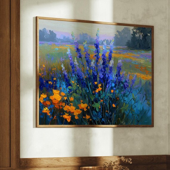 Bluebonnet and Poppy Wildflower Field Vibrant Oil Painting Poster