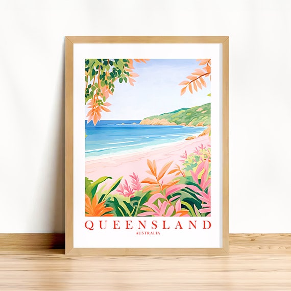 Queensland Travel Print Australia Souvenir Gift Beach Teal Orange Pink Wall Art Au Retro Landscape Poster Picture