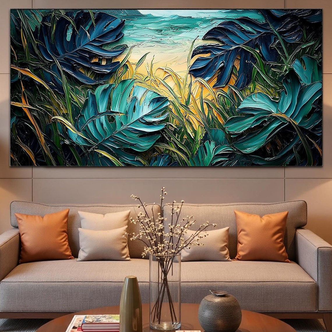 Tropical Monstera Leaf Beach Ocean View Impasto Textured Art Poster