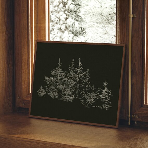 White Pine Tree Line Sketch Black Background Minimalist Winter Art Poster