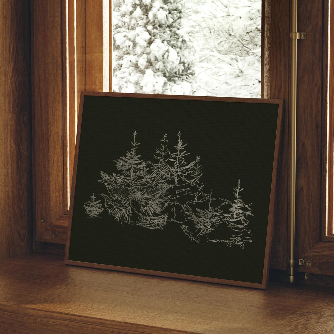 White Pine Tree Line Sketch Black Background Minimalist Winter Art Poster