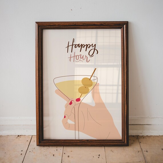 Happy Hour Handwritten Script Martini Olive Glass Trendy Bar Wall Poster
