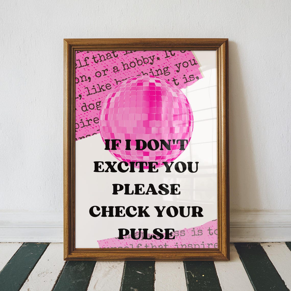 Pink Disco Ball Check Your Pulse Sassy Retro Typographic Quote Poster