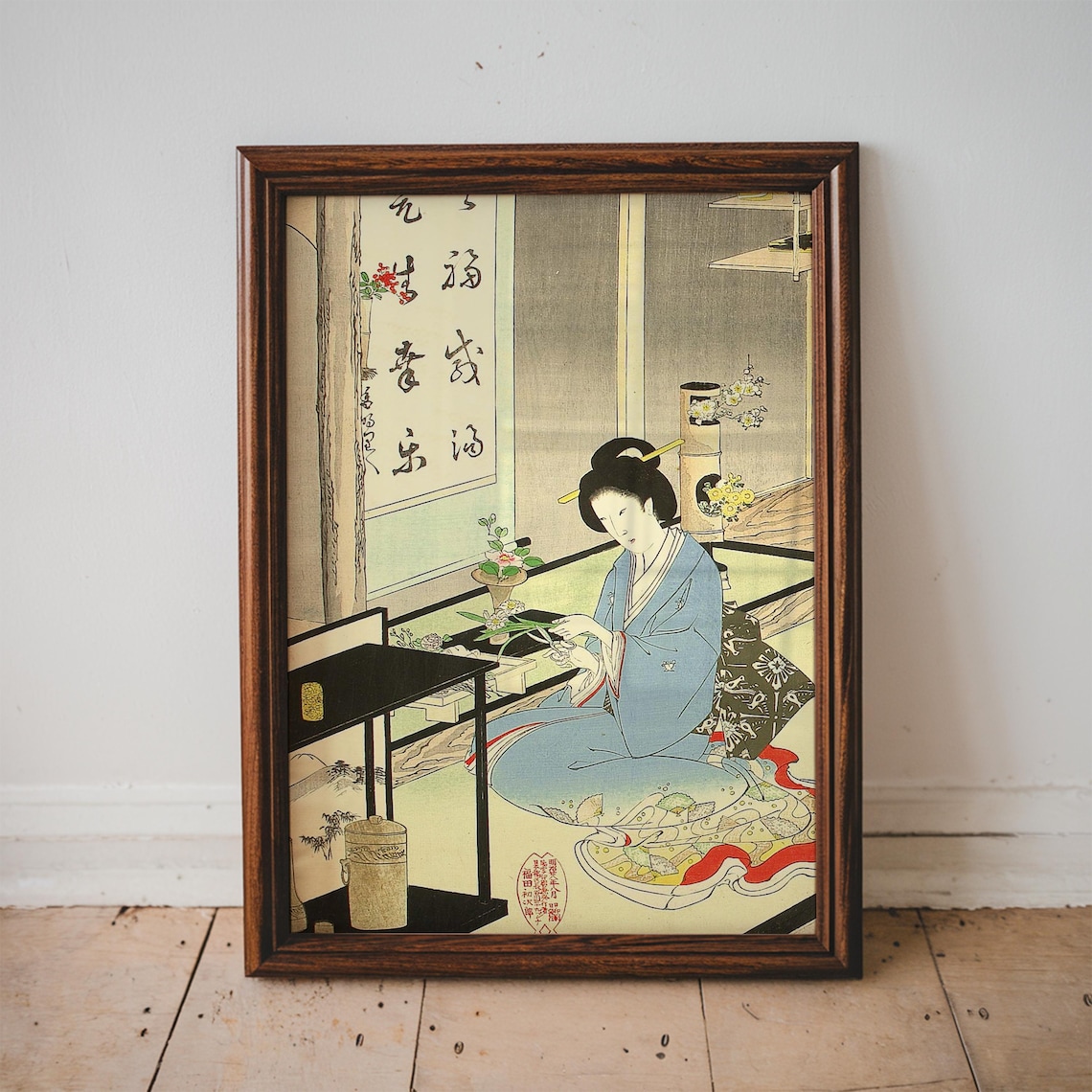 Woman Arranging Flowers in Kimono Vintage Japanese Woodblock Print