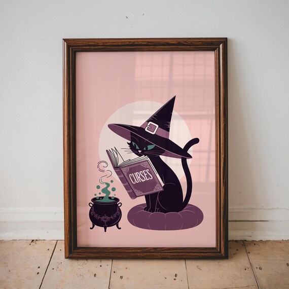 Curses Black Cat Witch Hat Spellbook Cauldron Cute Halloween Art Poster