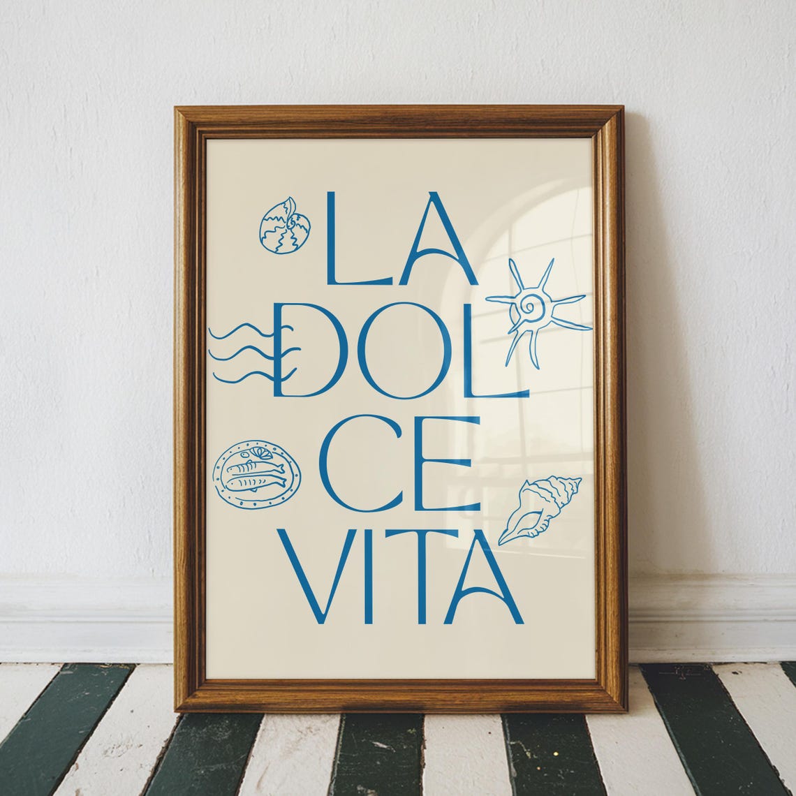 La Dolce Vita Italian Typography Blue Seashell Coastal Art Poster