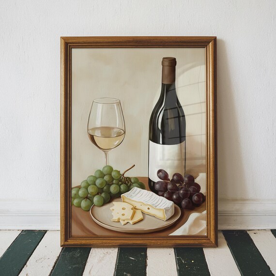Wine Bottle White Wine Glass Grapes Brie Cheese Still Life Kitchen Art Poster