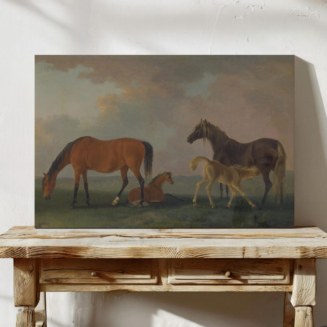 Mares and Foals Grazing at Dusk Vintage Horse Painting Style Poster