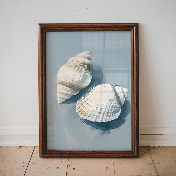 Two White Seashells Soft Blue Coastal Minimalist Beach Poster