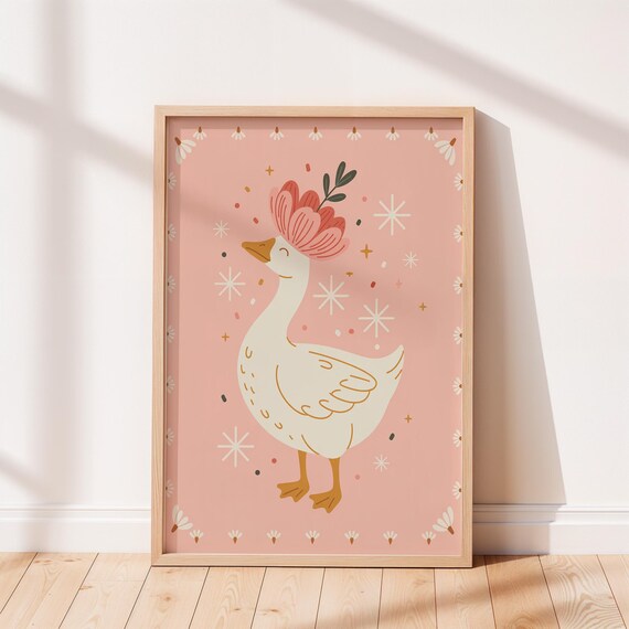 Pink Floral Goose Nursery Cute Dancing Goose Blossom Cottage Girls Room Poster