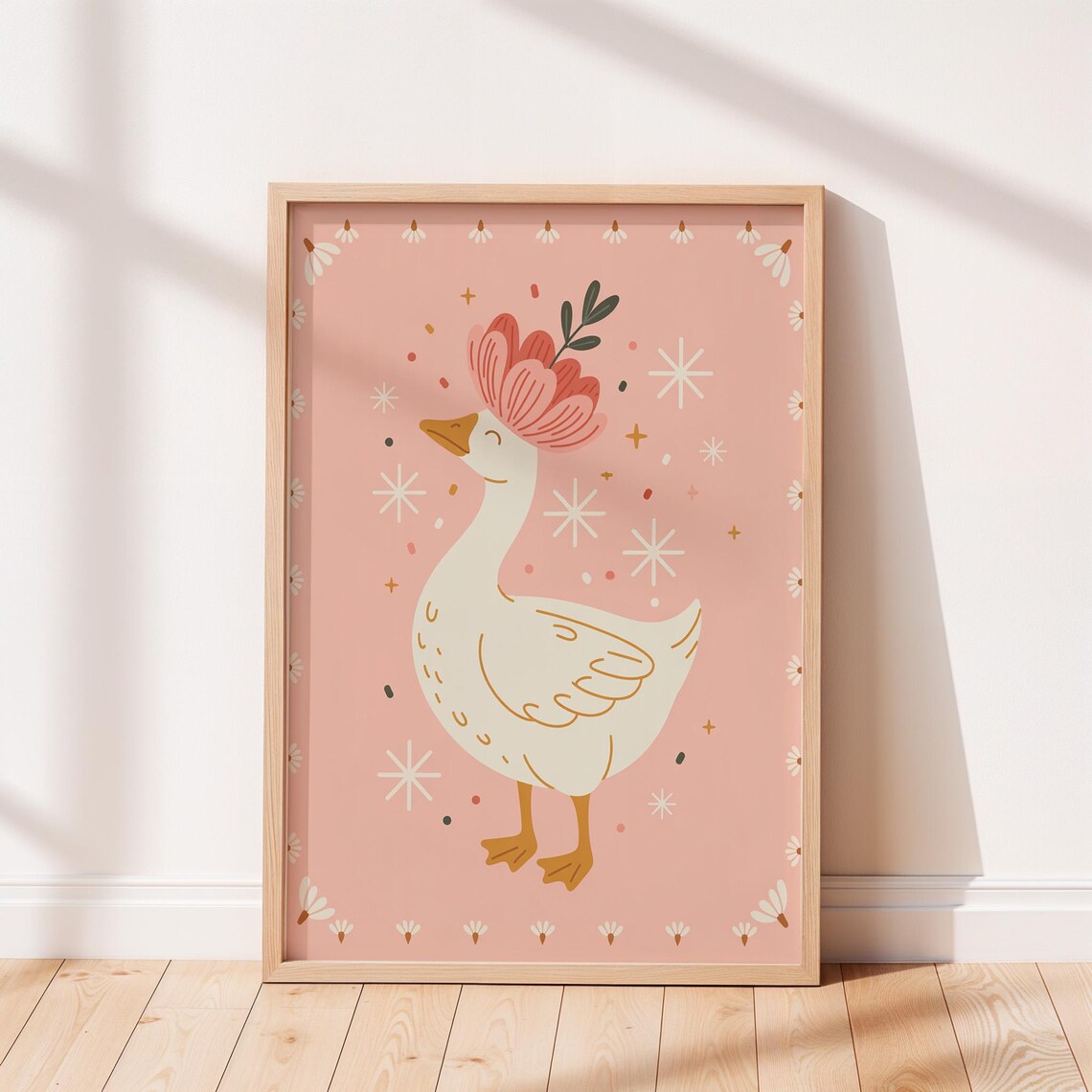 Pink Floral Goose Nursery Cute Dancing Goose Blossom Cottage Girls Room Poster