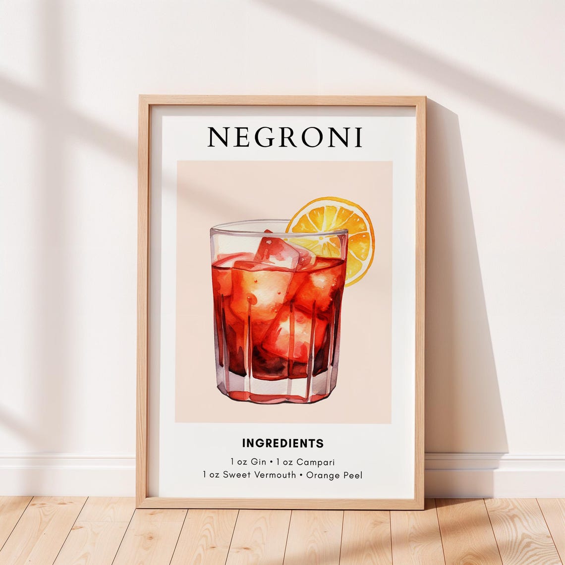 Negroni Cocktail Recipe Watercolor Bar Cart Kitchen Art Print