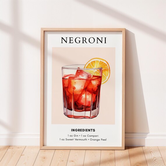 Negroni Cocktail Recipe Watercolor Bar Cart Kitchen Art Print