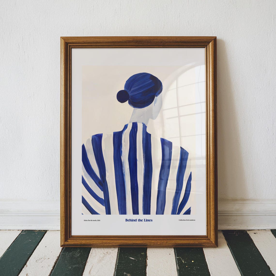 Behind the Lines Blue Striped Dress Woman Back View Art Poster