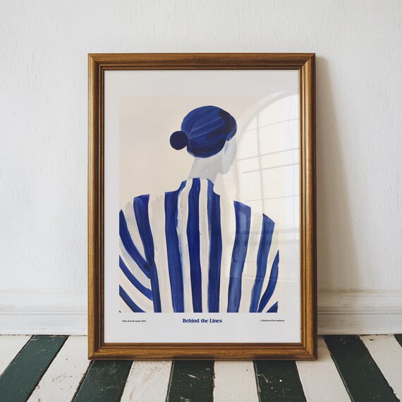 Behind the Lines Blue Striped Dress Woman Back View Art Poster