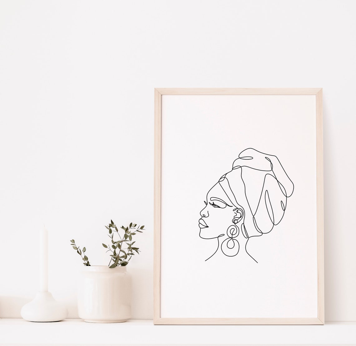 African Woman Headwrap Single Line Art Minimalist Portrait Wall Art