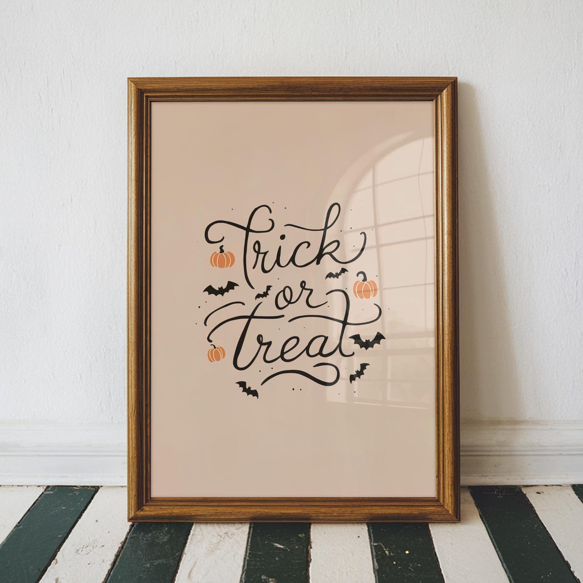 Trick Or Treat Script Lettering Bats Pumpkins Halloween Quote Poster