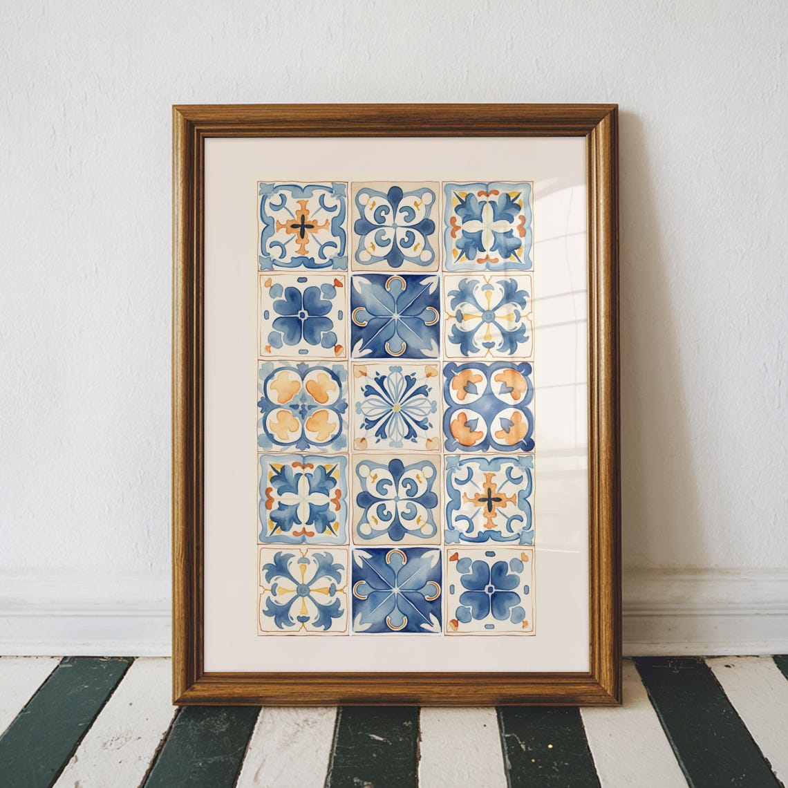 Blue White Portuguese Tile Grid Mediterranean Ceramic Poster