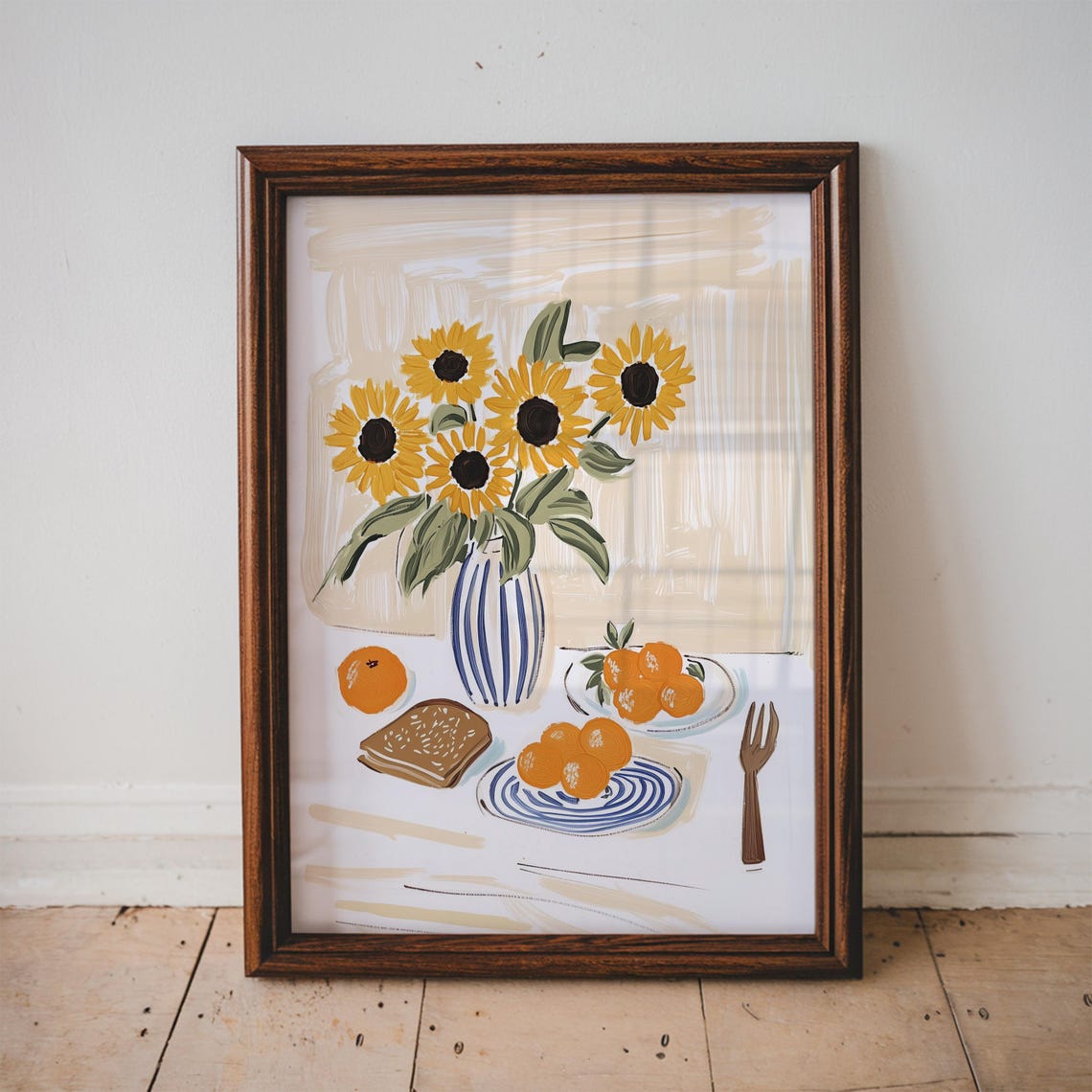 Sunflowers and Oranges Still Life Kitchen Table Painting Art Poster