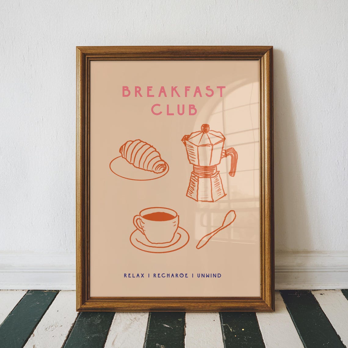 Breakfast Club Coffee Croissant and Moka Pot Line Art Kitchen Poster
