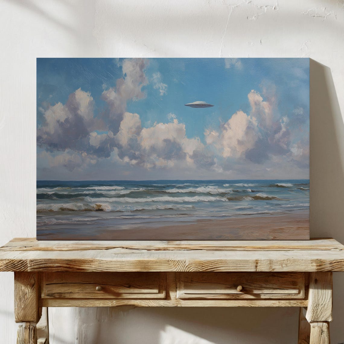 UFO Over Ocean Beach Surreal Sci Fi Seascape Painting Poster