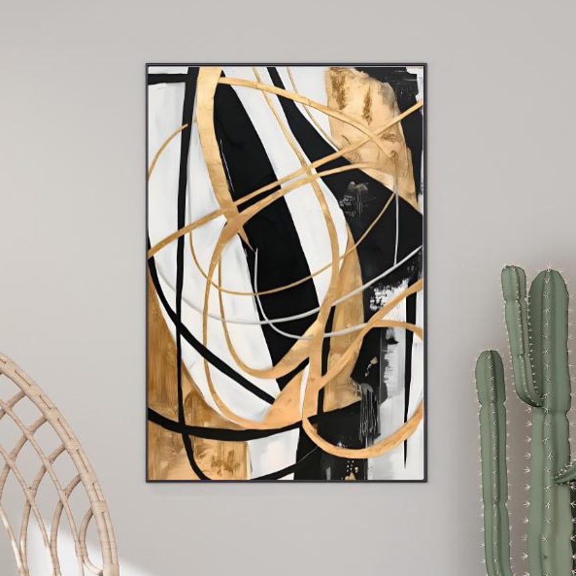 Black White Gold Abstract Curved Line Modern Minimalist Poster