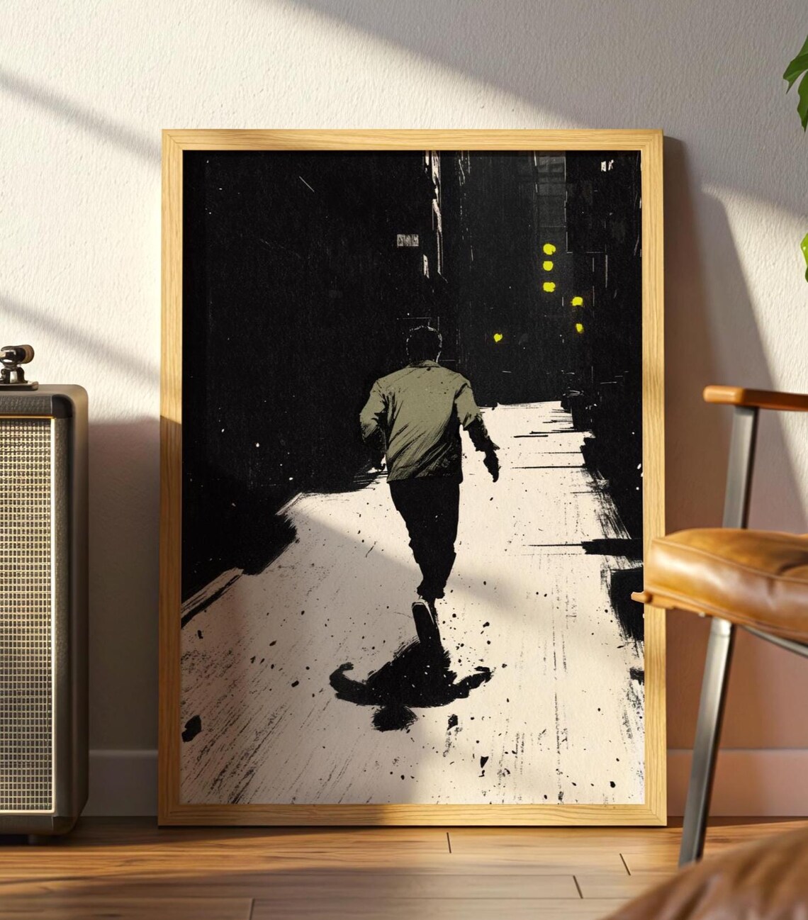 Noir Runner Night Street Black and White Moody Cinema Art Poster